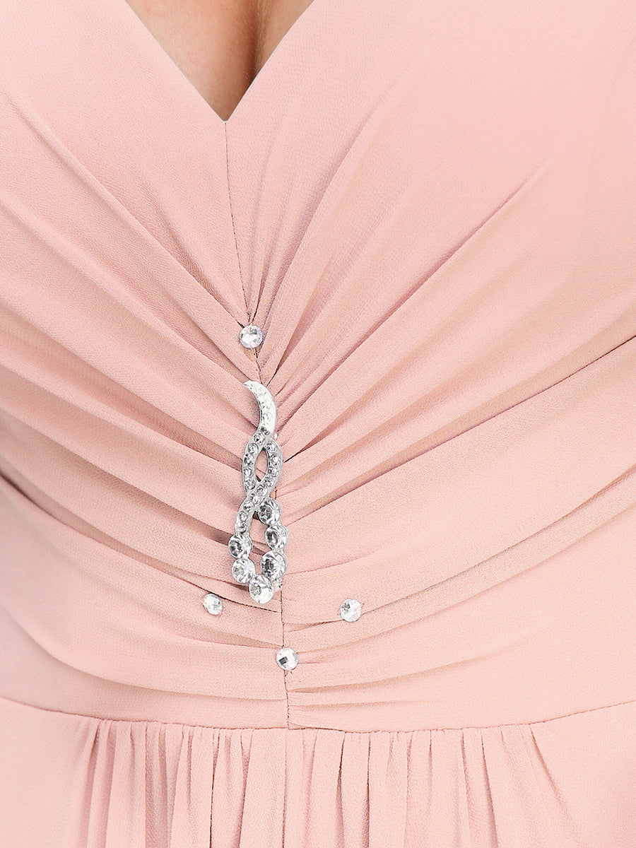 Color=Pink | Double V Neck Rhinestones Ruched Bust High Low Evening Dresses-Pink 5