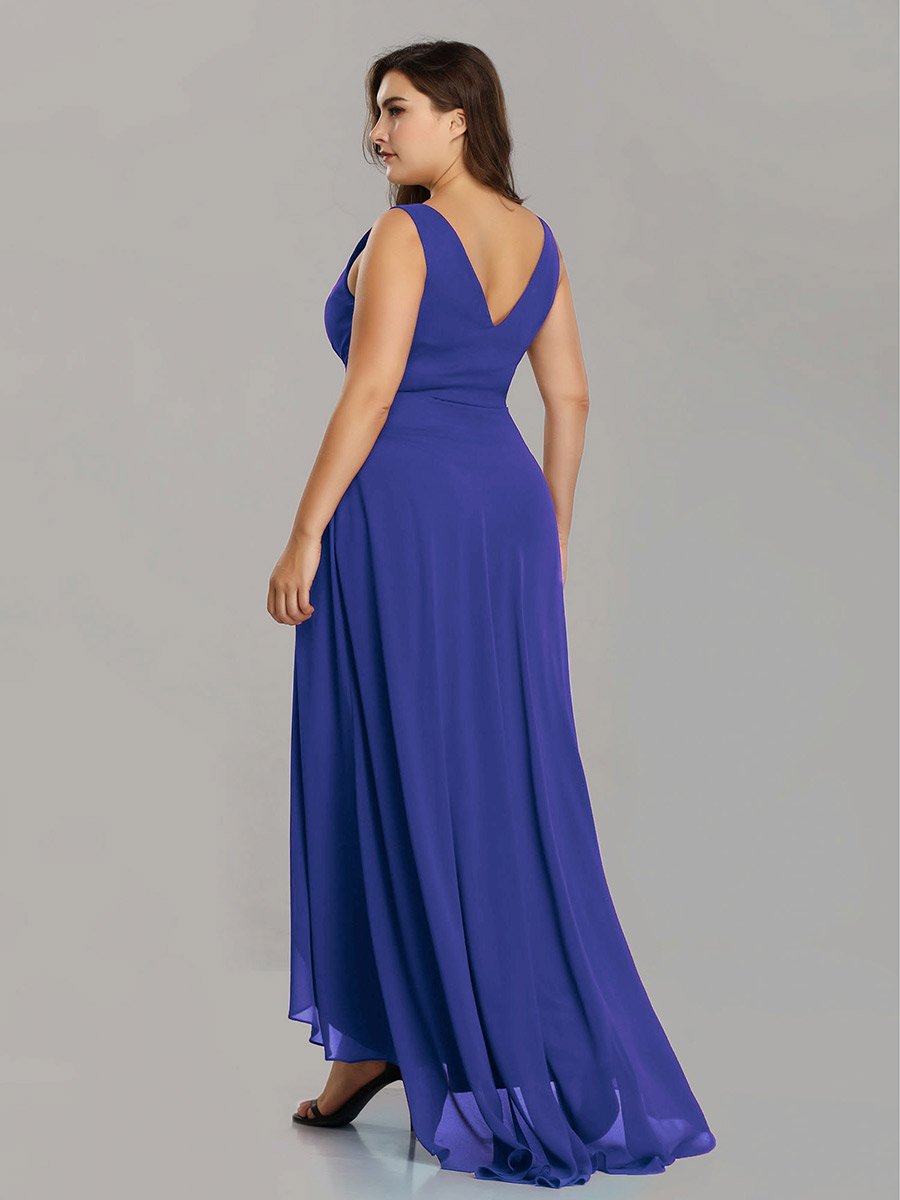 Color=Sapphire Blue | E4Wholesale Double V Neck Rhinestones Ruched Bust High Low Evening Dresses Ep09983-Sapphire Blue 2