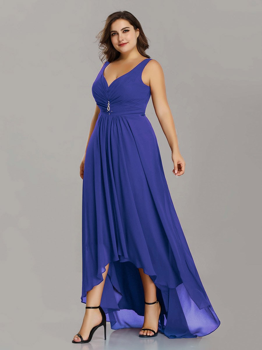 Color=Sapphire Blue | E4Wholesale Plus Size Double V Neck Rhinestones Ruched Bust High Low Evening Dresses Ep09983-Sapphire Blue 3