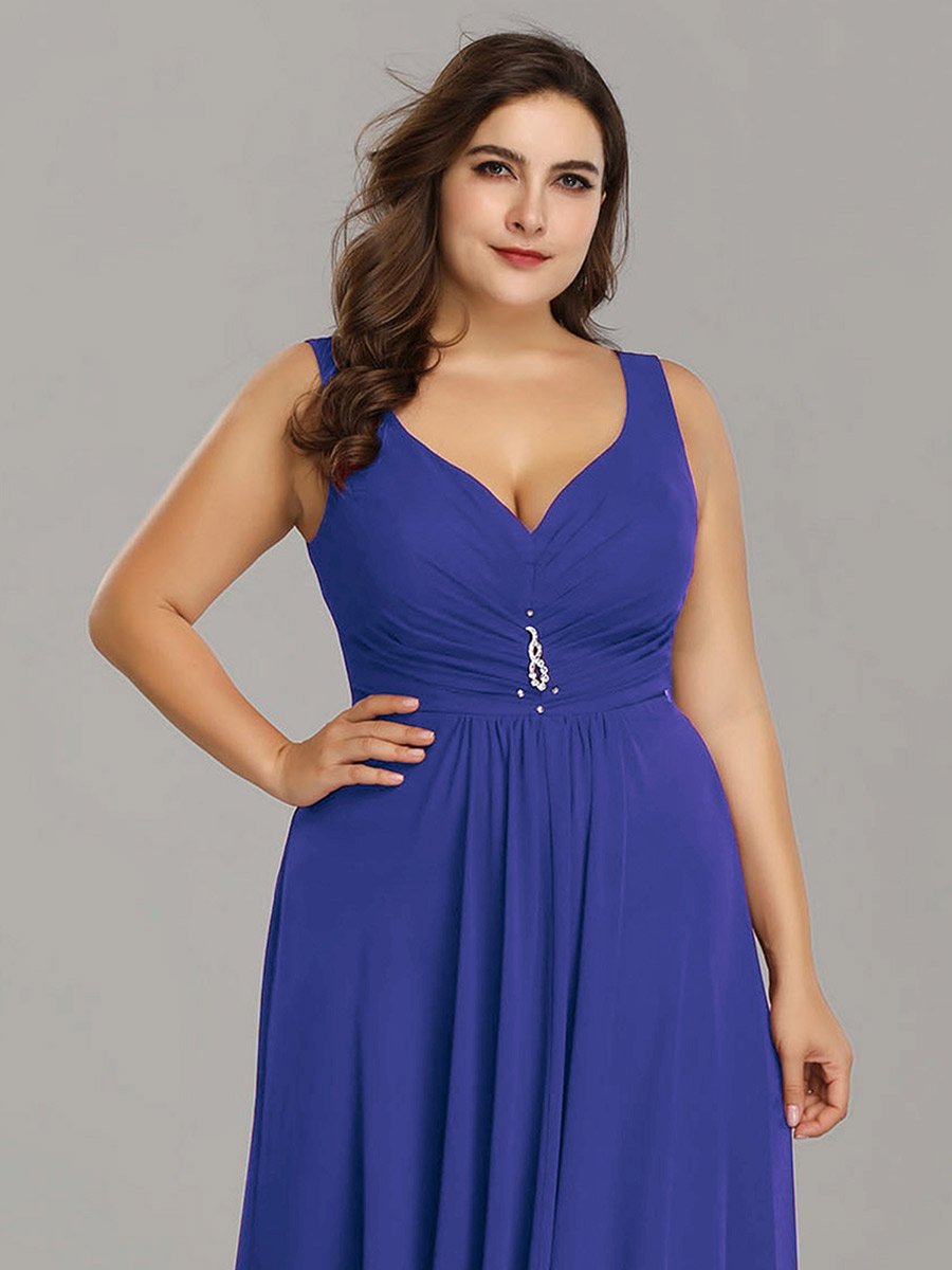 Color=Sapphire Blue | E4Wholesale Plus Size Double V Neck Rhinestones Ruched Bust High Low Evening Dresses Ep09983-Sapphire Blue 5