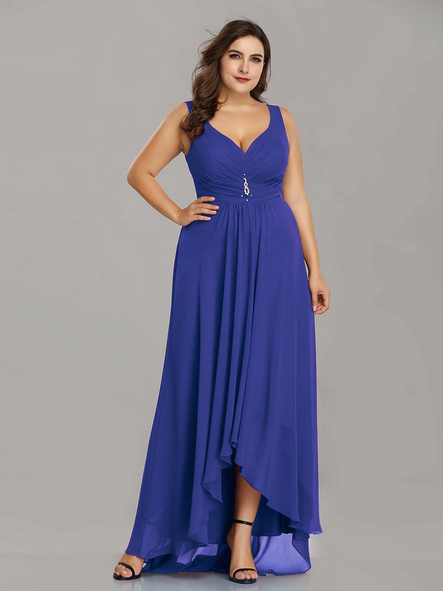 Color=Sapphire Blue | E4Wholesale Plus Size Double V Neck Rhinestones Ruched Bust High Low Evening Dresses Ep09983-Sapphire Blue 1
