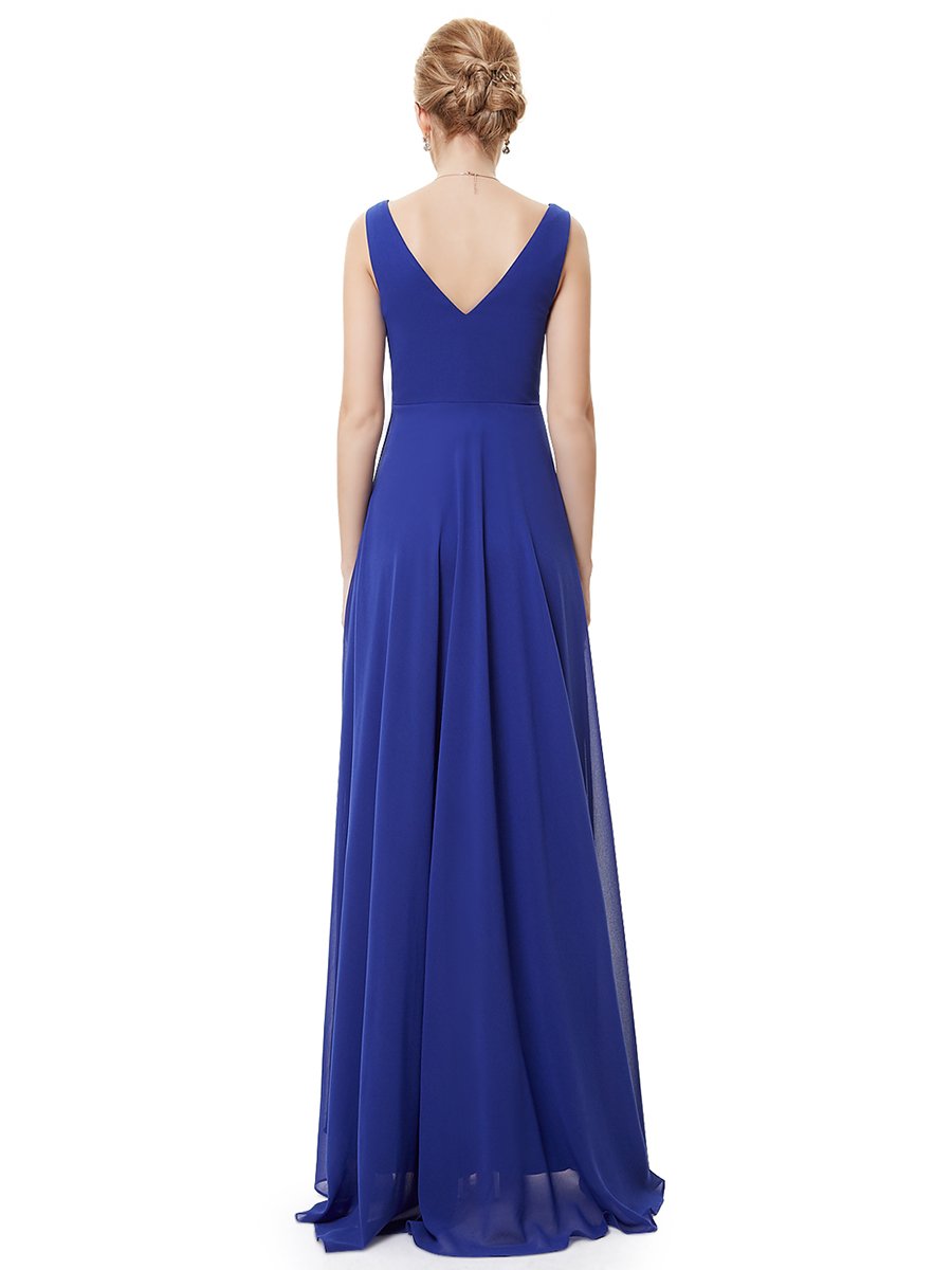 Color=Sapphire Blue | E4Wholesale Double V Neck Rhinestones Ruched Bust High Low Evening Dresses Ep09983-Sapphire Blue 4