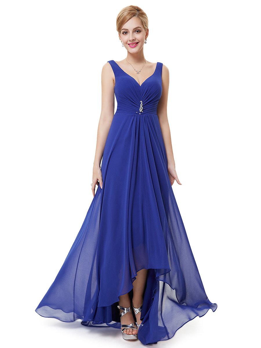 Color=Sapphire Blue | E4Wholesale Double V Neck Rhinestones Ruched Bust High Low Evening Dresses Ep09983-Sapphire Blue 3