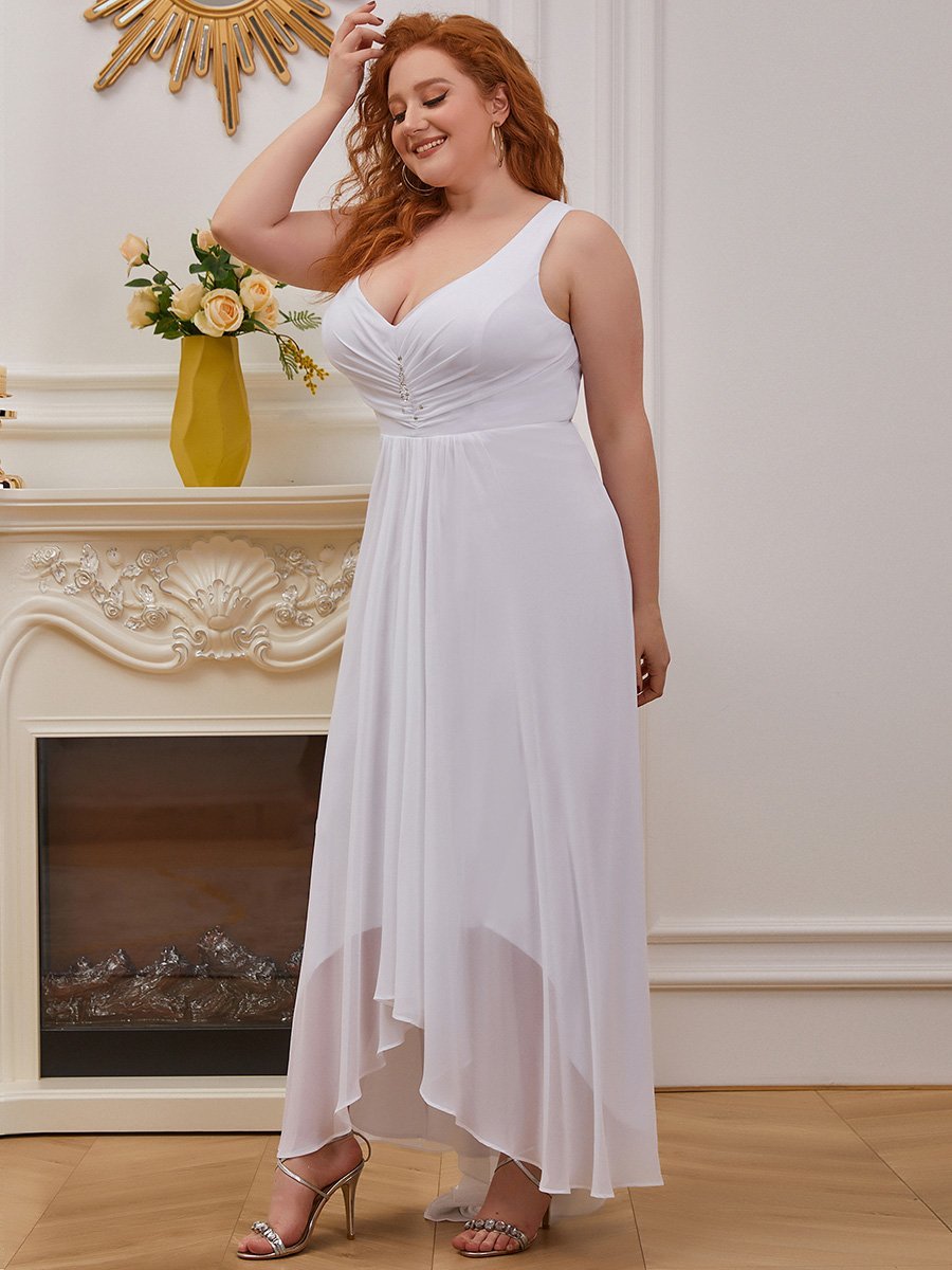 Color=White | E4Wholesale Plus Size Double V Neck Rhinestones Ruched Bust High Low Evening Dresses Ep09983-White 3