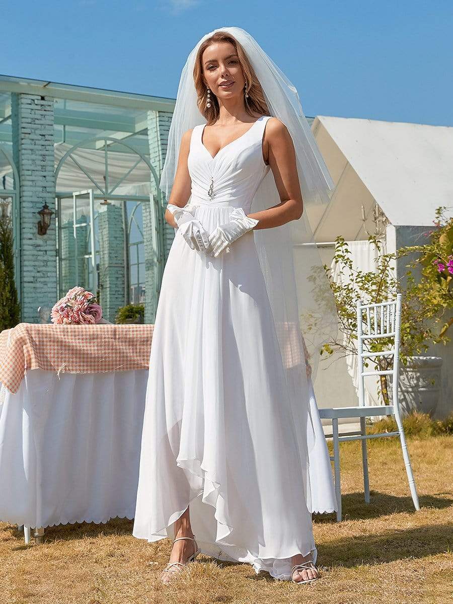 Color=White | Simple V Neck Chiffon Wedding Dress With Asymmetric Hem-White 1