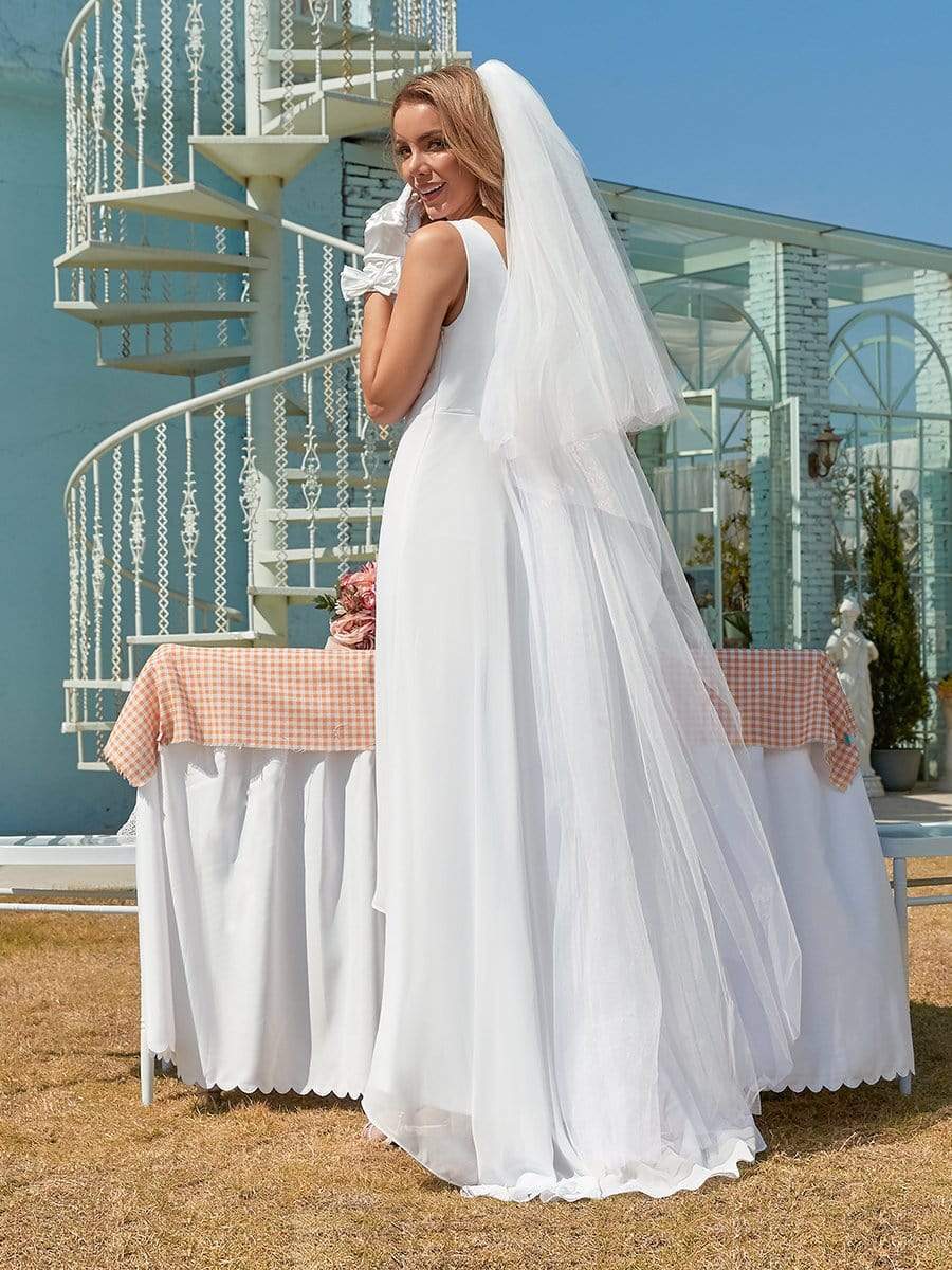 Color=White | Simple V Neck Chiffon Wedding Dress With Asymmetric Hem-White 2