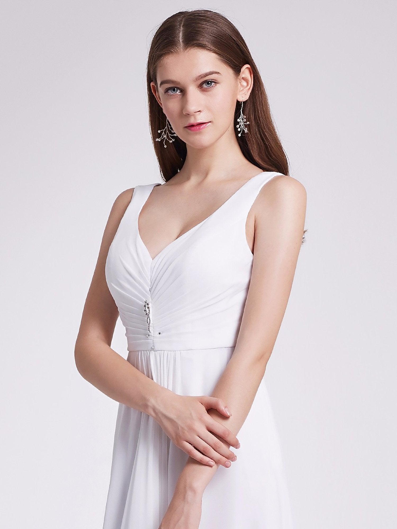 COLOR=White | V-Neck High-Low Evening Dress-White 5