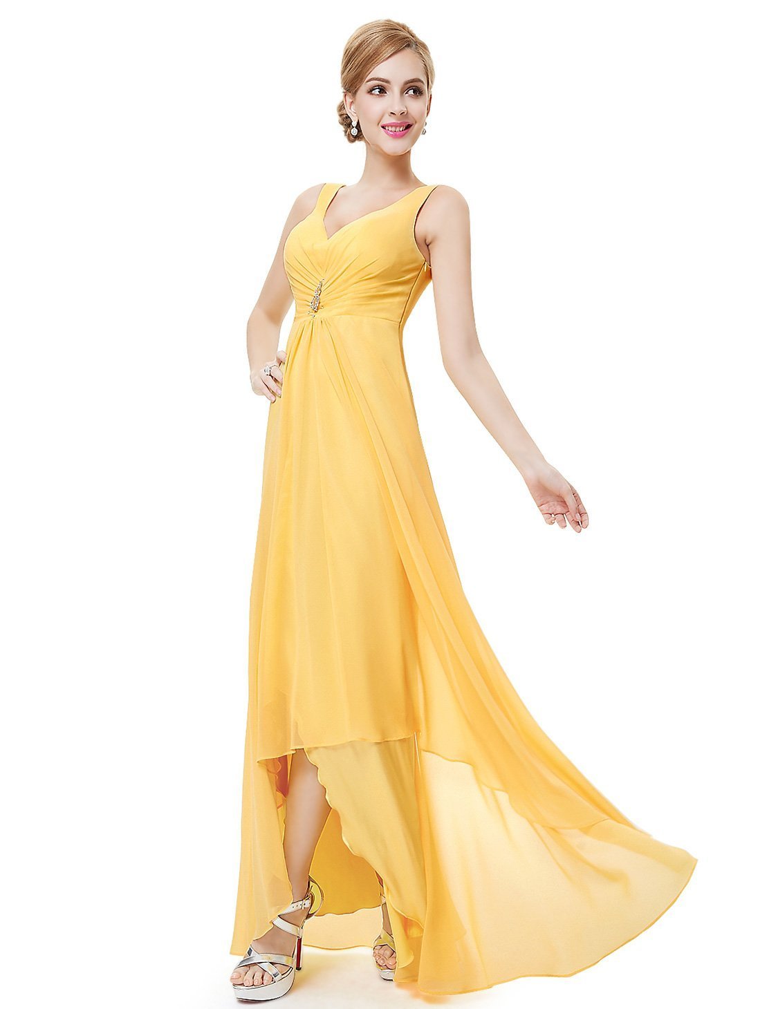 Color=Yellow | E4Wholesale Double V Neck Rhinestones Ruched Bust High Low Evening Dresses Ep09983-Yellow 3