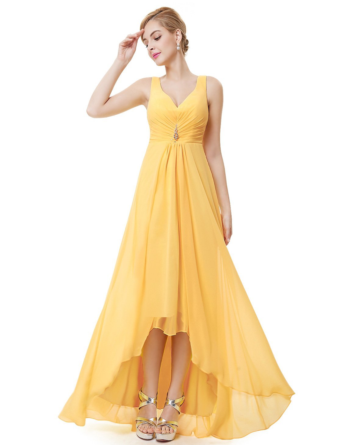 Color=Yellow | E4Wholesale Double V Neck Rhinestones Ruched Bust High Low Evening Dresses Ep09983-Yellow 4