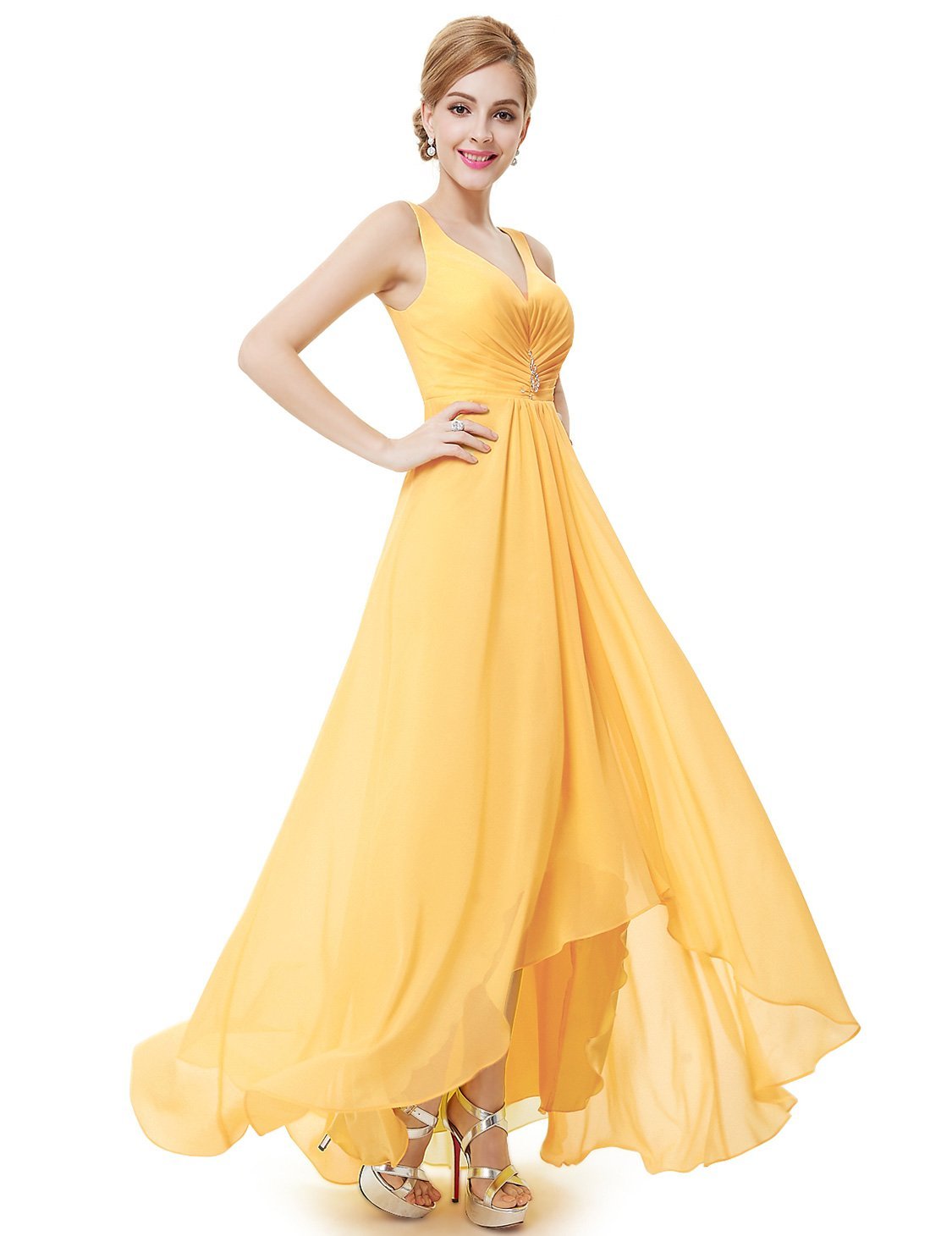Color=Yellow | E4Wholesale Double V Neck Rhinestones Ruched Bust High Low Evening Dresses Ep09983-Yellow 1