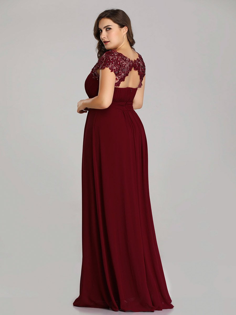 Color=Burgundy | Lacey Neckline Open Back Ruched Bust Plus Size Evening Dresses-Burgundy 5