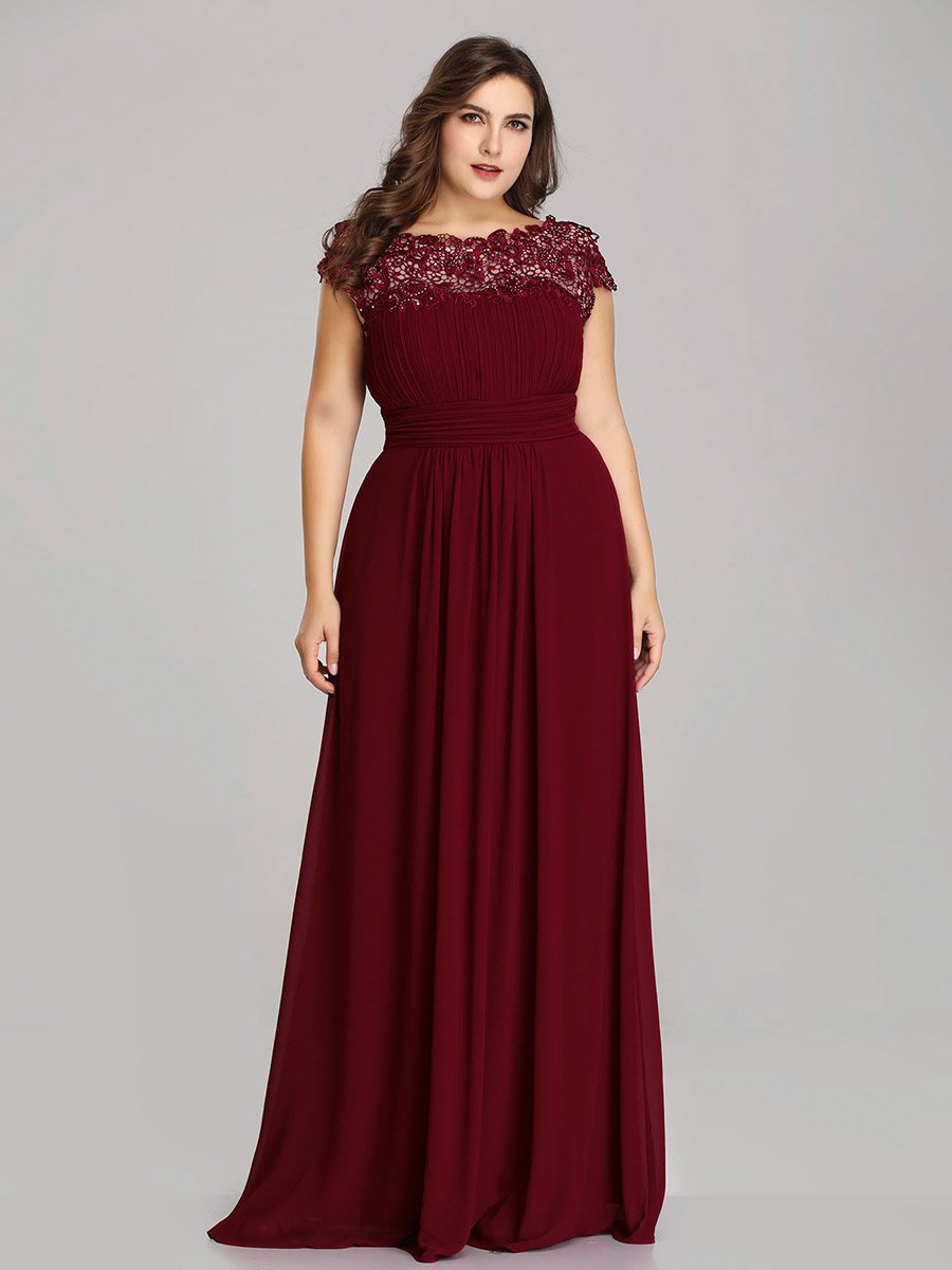Color=Burgundy | Lacey Neckline Open Back Ruched Bust Plus Size Evening Dresses-Burgundy 6