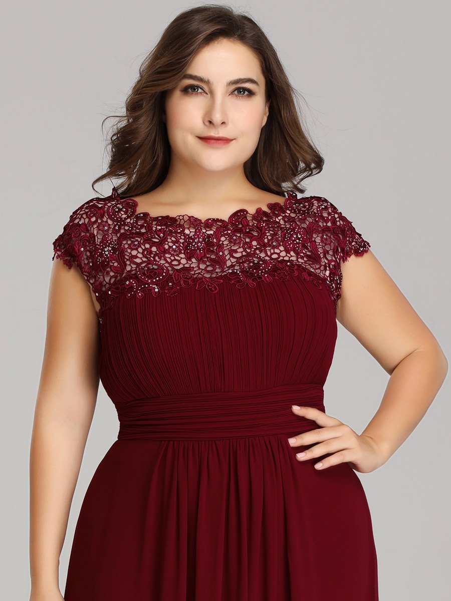 Color=Burgundy | Lacey Neckline Open Back Ruched Bust Plus Size Evening Dresses-Burgundy 8