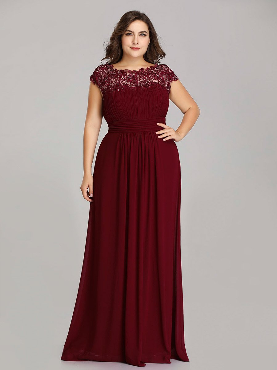 Color=Burgundy | Lacey Neckline Open Back Ruched Bust Plus Size Evening Dresses-Burgundy 4