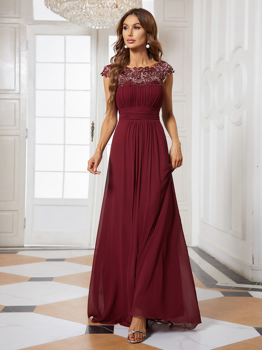 Color=Burgundy | Lacey Neckline Open Back Ruched Bust Wholesale Evening Dresses-Burgundy 1