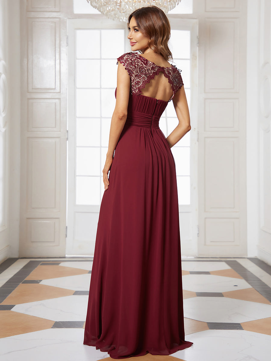 Color=Burgundy | Lacey Neckline Open Back Ruched Bust Wholesale Evening Dresses-Burgundy 2