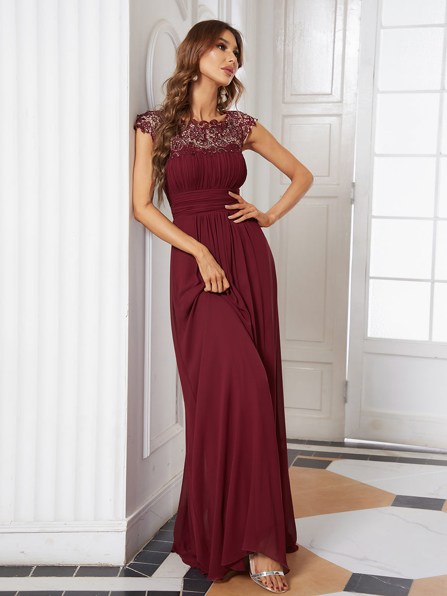 Color=Burgundy | Lacey Neckline Open Back Ruched Bust Wholesale Evening Dresses-Burgundy 3