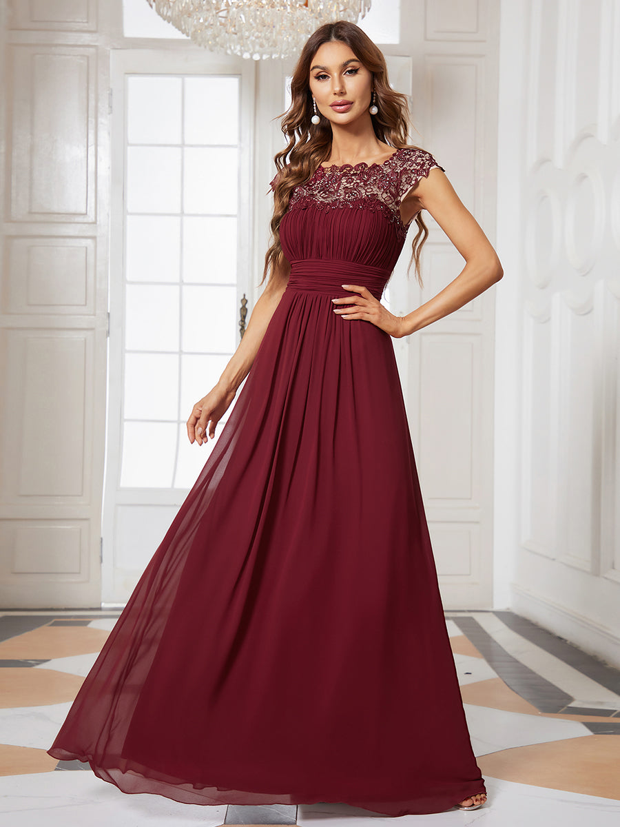 Color=Burgundy | Lacey Neckline Open Back Ruched Bust Wholesale Evening Dresses-Burgundy 4