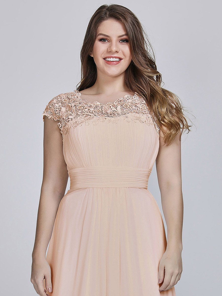 Color=Blush | Lacey Neckline Open Back Ruched Bust Plus Size Evening Dresses-Blush 5