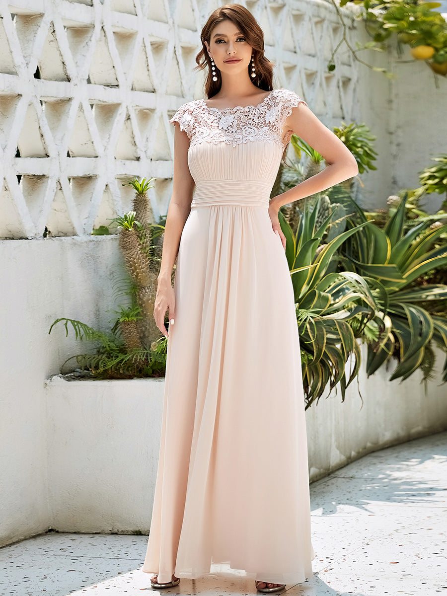 Color=Blush | Lacey Neckline Open Back Ruched Bust Wholesale Evening Dresses-Blush 3