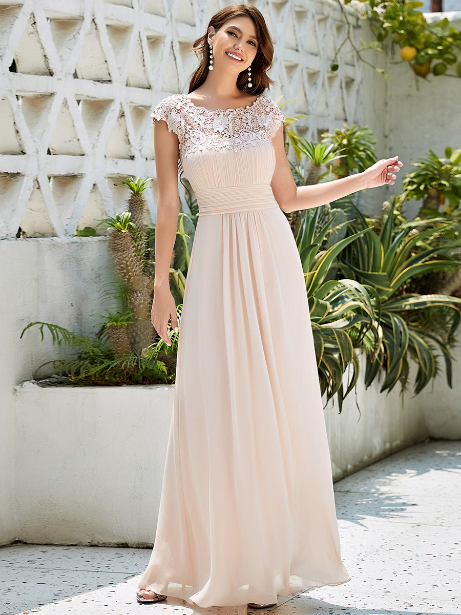 Color=Blush | Lacey Neckline Open Back Ruched Bust Wholesale Evening Dresses-Blush 4