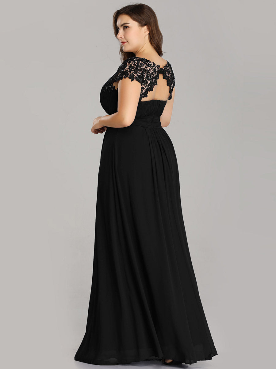 Color=Black | Lacey Neckline Open Back Ruched Bust Wholesale Evening Dresses-Black 7