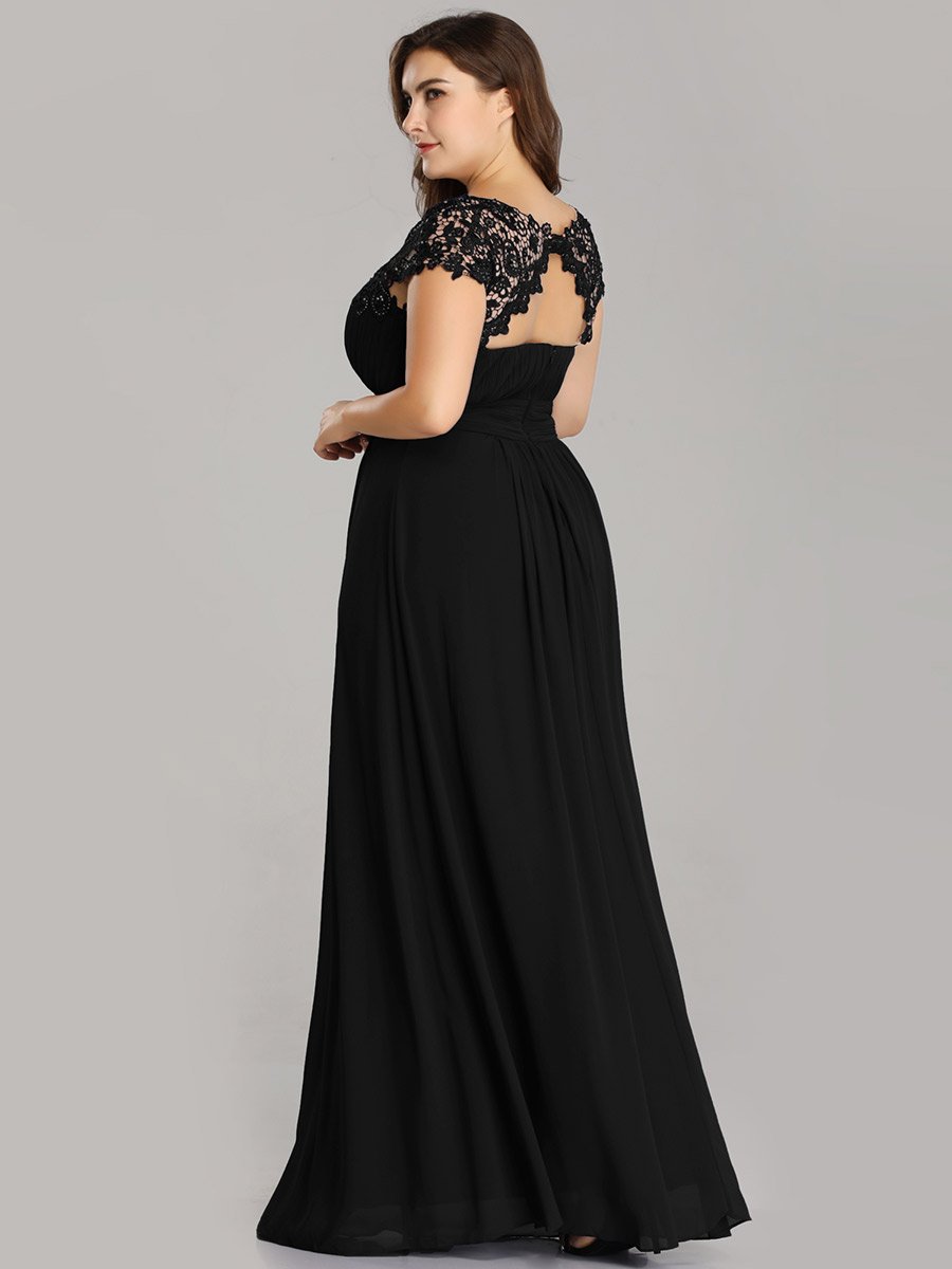 Color=Black | Lacey Neckline Open Back Ruched Bust Plus Size Evening Dresses-Black 2