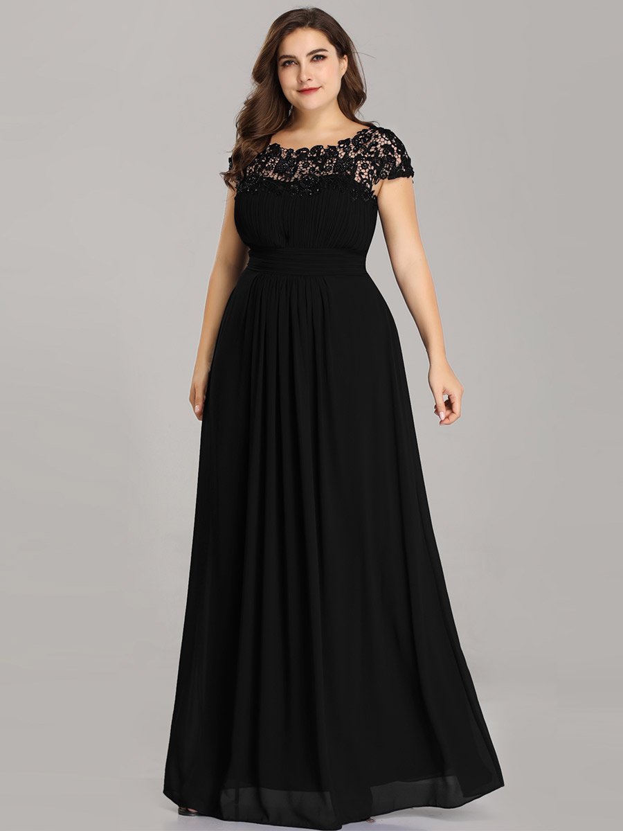 Color=Black | Lacey Neckline Open Back Ruched Bust Plus Size Evening Dresses-Black 3