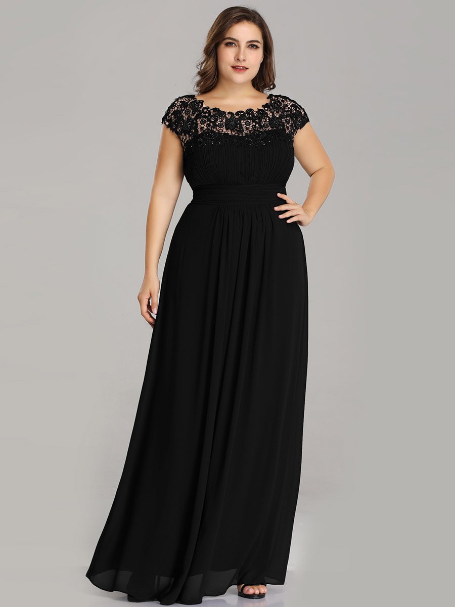 Color=Black | Lacey Neckline Open Back Ruched Bust Plus Size Evening Dresses-Black 4