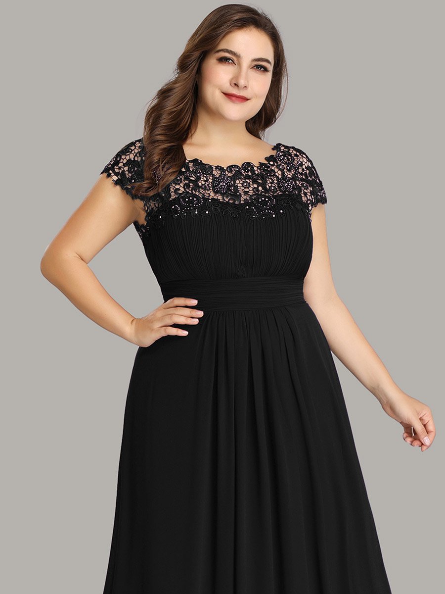 Color=Black | Lacey Neckline Open Back Ruched Bust Plus Size Evening Dresses-Black 5