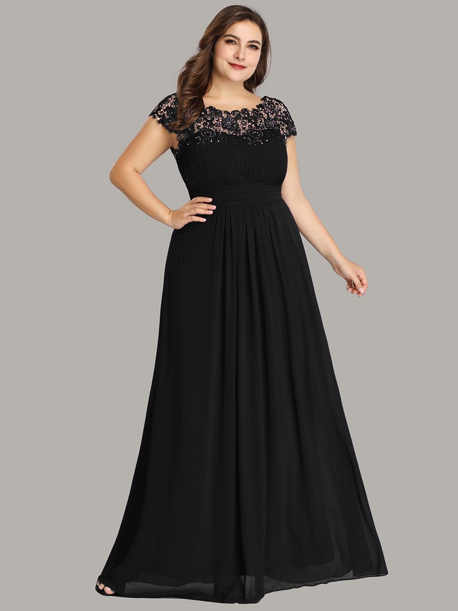Color=Black | Lacey Neckline Open Back Ruched Bust Plus Size Evening Dresses-Black 1