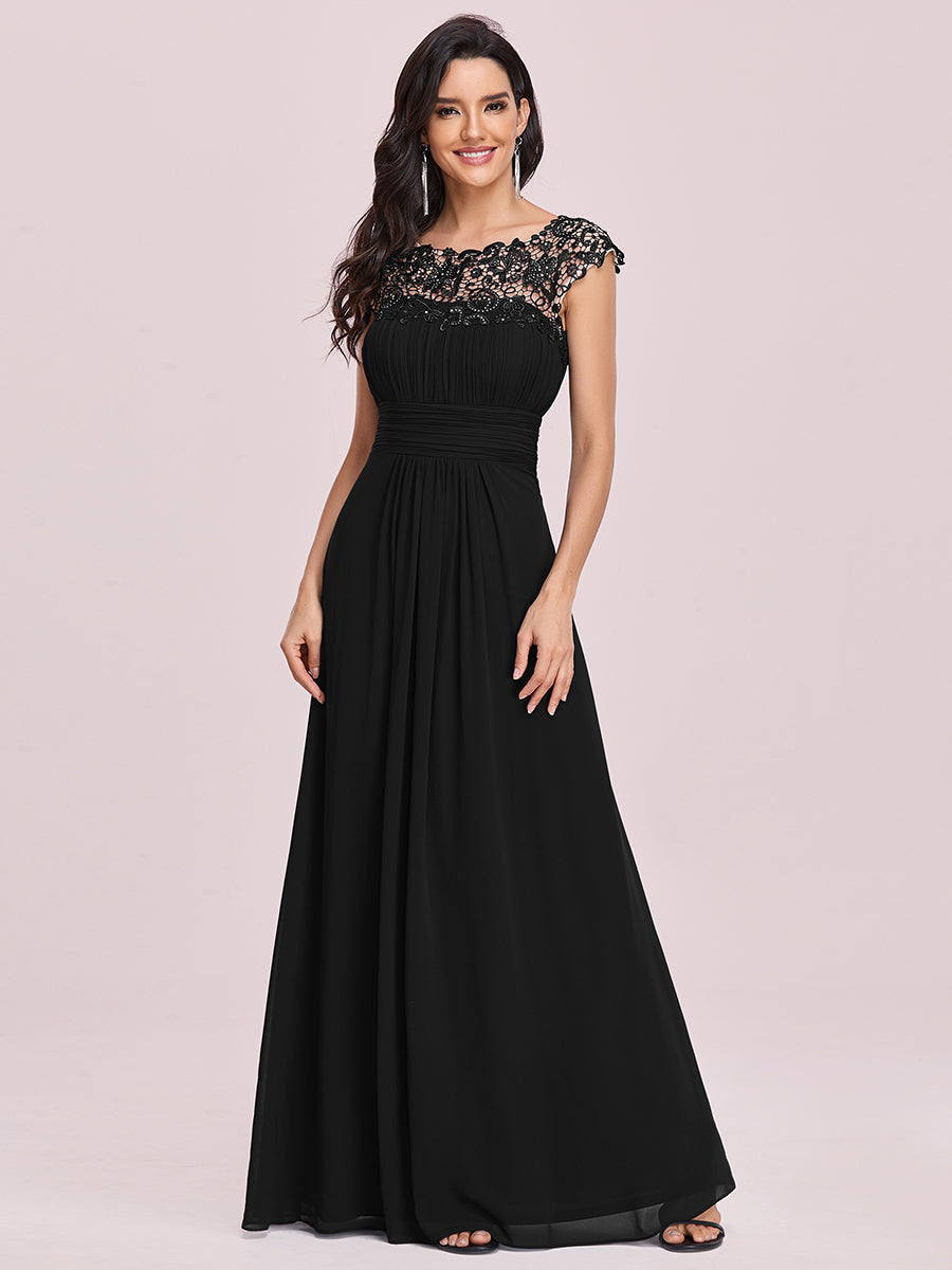 Color=Black | Lacey Neckline Open Back Ruched Bust Wholesale Evening Dresses-Black 1