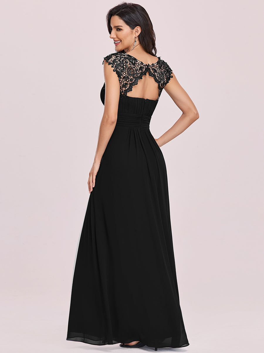 Color=Black | Lacey Neckline Open Back Ruched Bust Wholesale Evening Dresses-Black 2