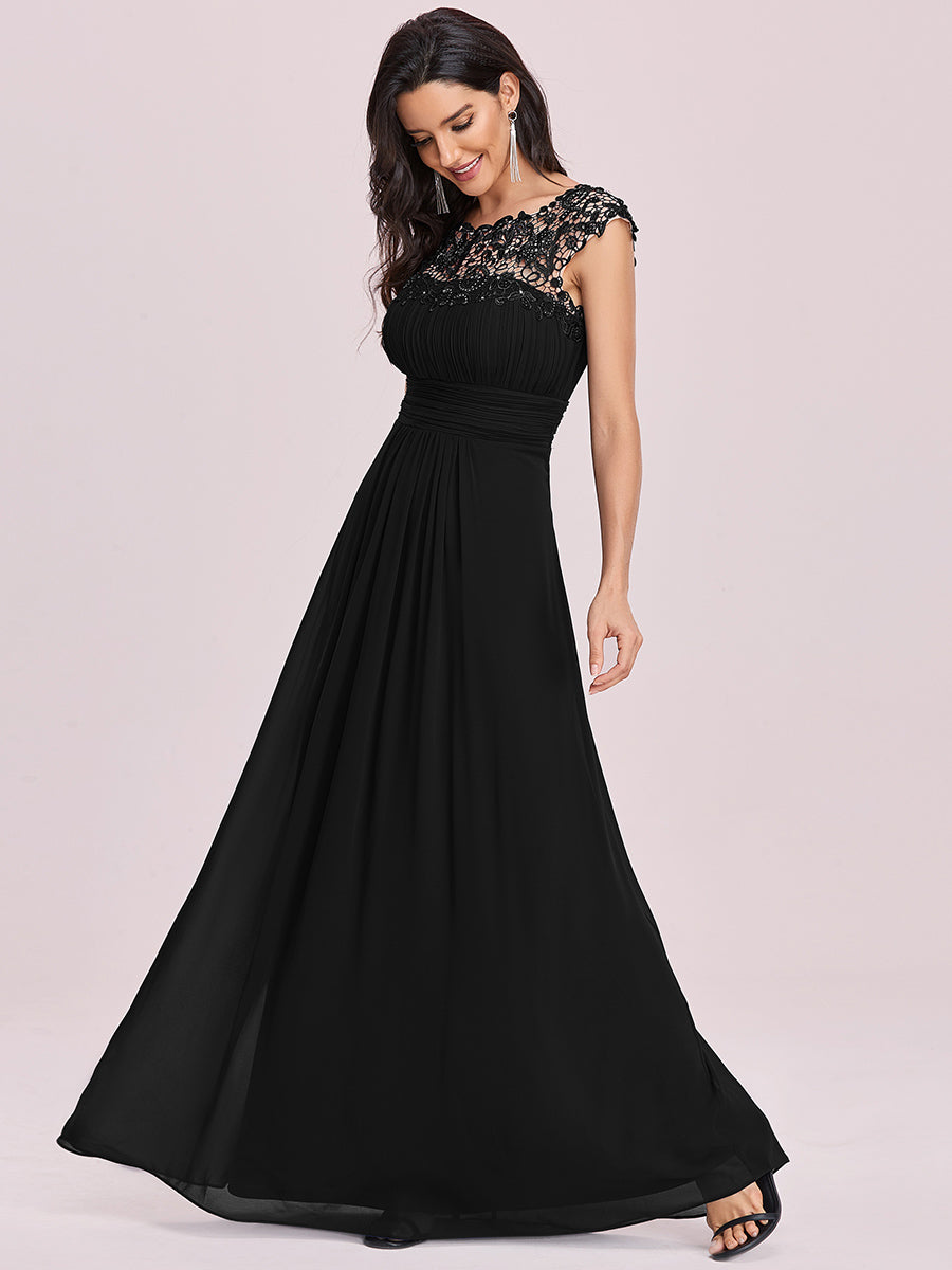 Color=Black | Lacey Neckline Open Back Ruched Bust Wholesale Evening Dresses-Black 3