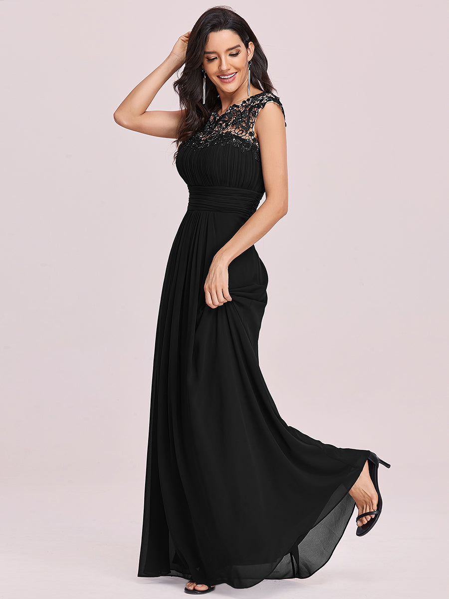 Color=Black | Lacey Neckline Open Back Ruched Bust Wholesale Evening Dresses-Black 4
