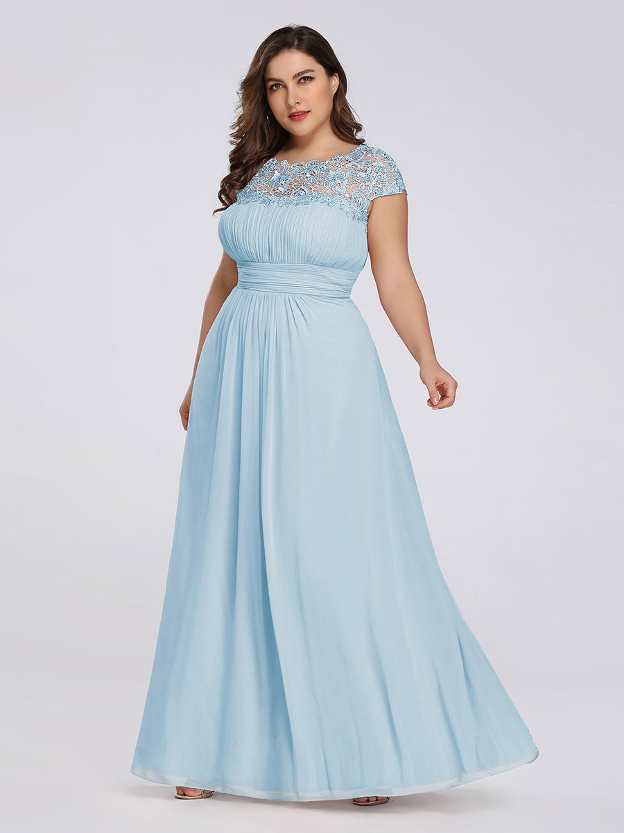Color=Sky Blue | Lacey Neckline Open Back Ruched Bust Plus Size Evening Dresses-Sky Blue 1