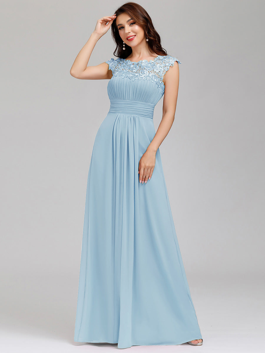 Color=Sky Blue | Lacey Neckline Open Back Ruched Bust Wholesale Evening Dresses-Sky Blue 5