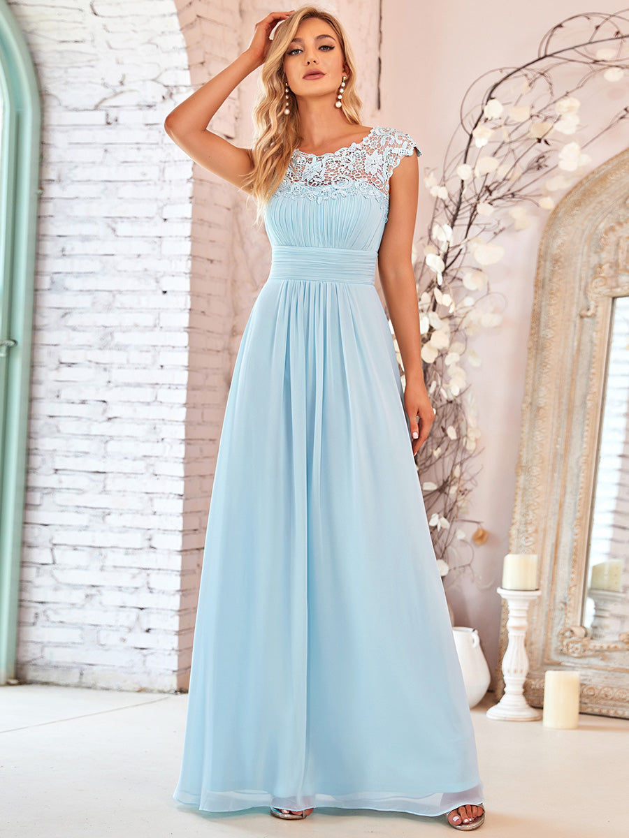 Color=Sky Blue | Lacey Neckline Open Back Ruched Bust Wholesale Evening Dresses-Sky Blue 4
