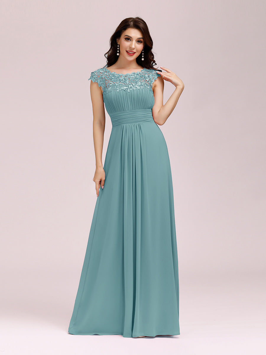 Color=Dusty Blue | lacey-neckline-open-back-ruched-bust-wholesale-evening-dresses-ep09993-2-Dusty Blue 1