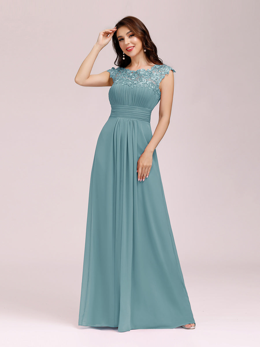 Color=Dusty Blue | lacey-neckline-open-back-ruched-bust-wholesale-evening-dresses-ep09993-2-Dusty Blue 4