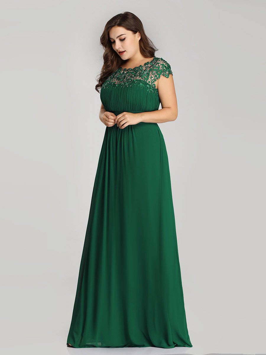 Color=Dark Green | Lacey Neckline Open Back Ruched Bust Plus Size Evening Dresses-Dark Green 3