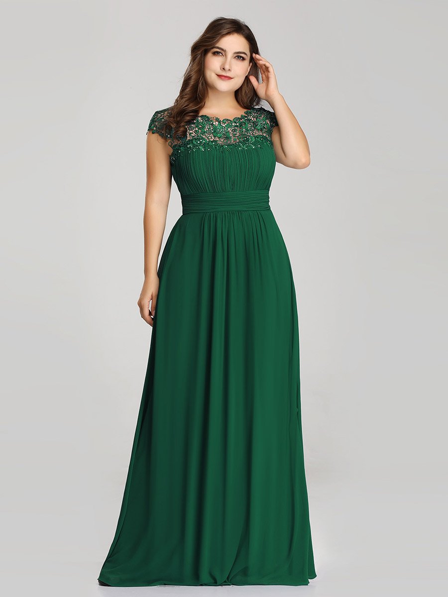 Color=Dark Green | Lacey Neckline Open Back Ruched Bust Plus Size Evening Dresses-Dark Green 4