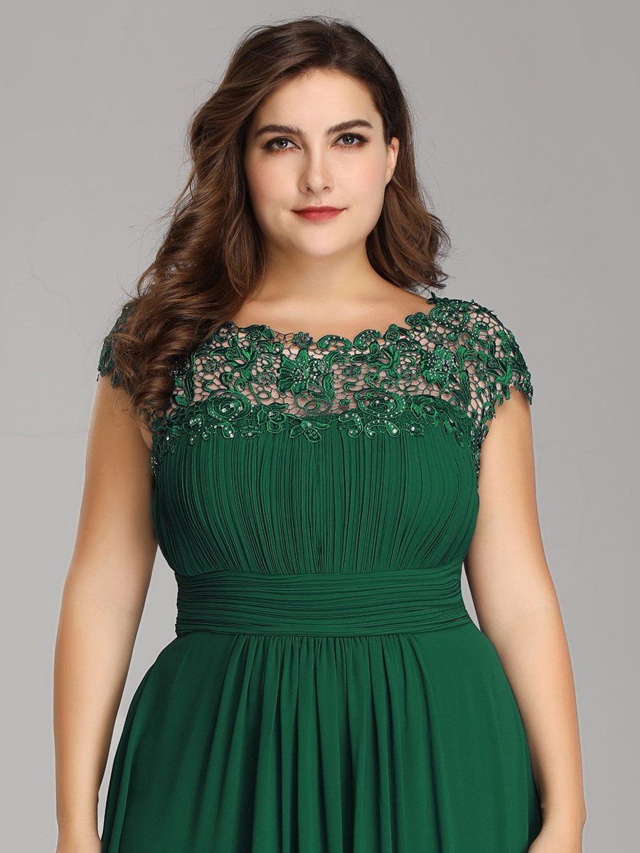 Color=Dark Green | Lacey Neckline Open Back Ruched Bust Plus Size Evening Dresses-Dark Green 5