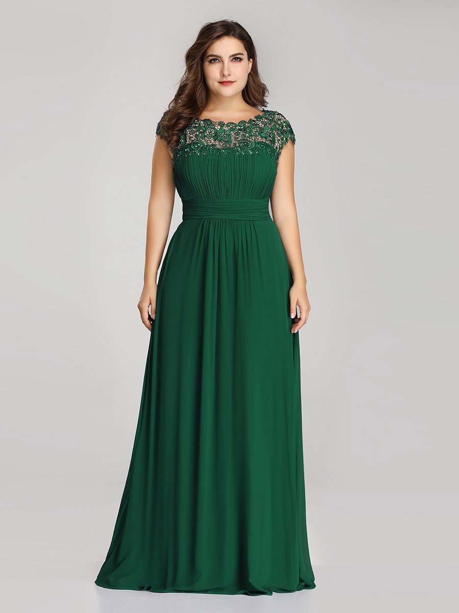 Color=Dark Green | Lacey Neckline Open Back Ruched Bust Plus Size Evening Dresses-Dark Green 1
