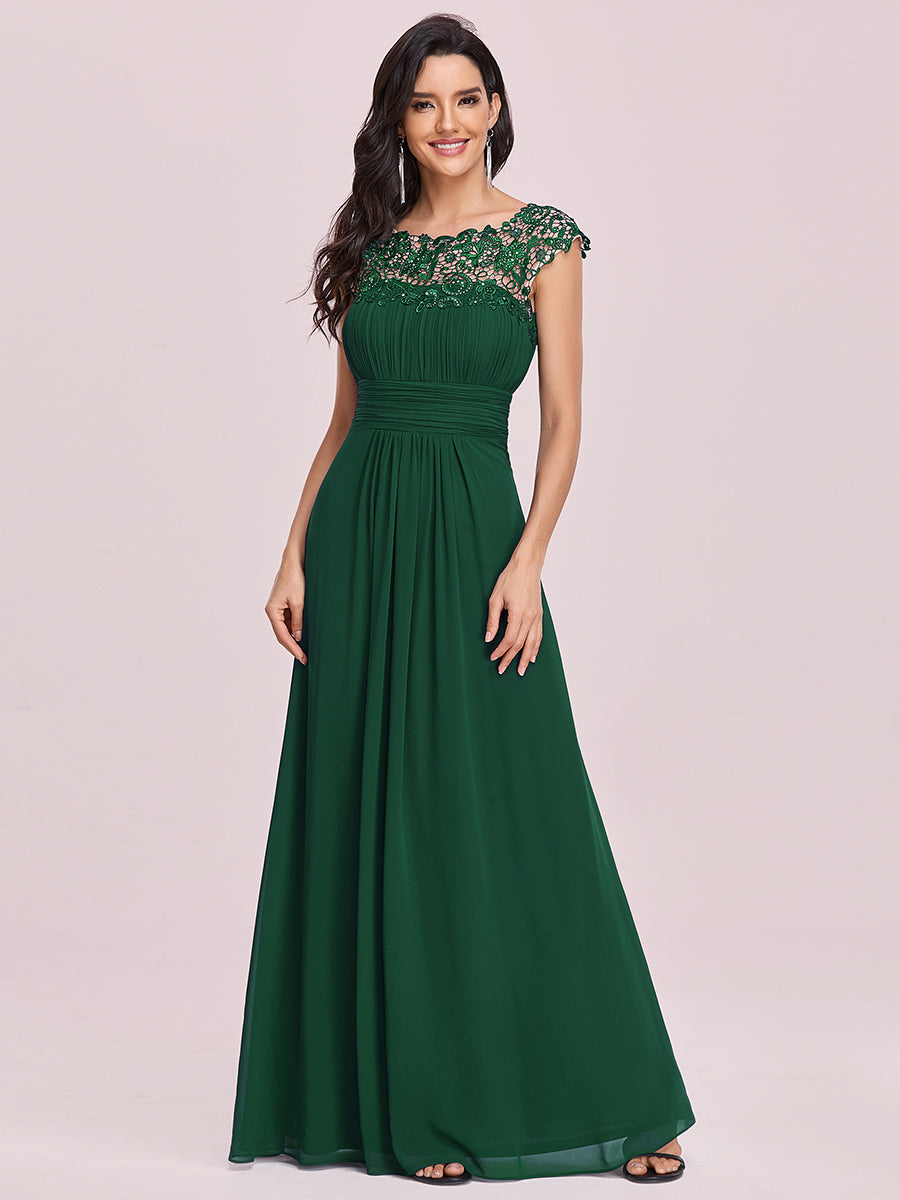 Color=Dark Green | Lacey Neckline Open Back Ruched Bust Wholesale Evening Dresses-Dark Green 1