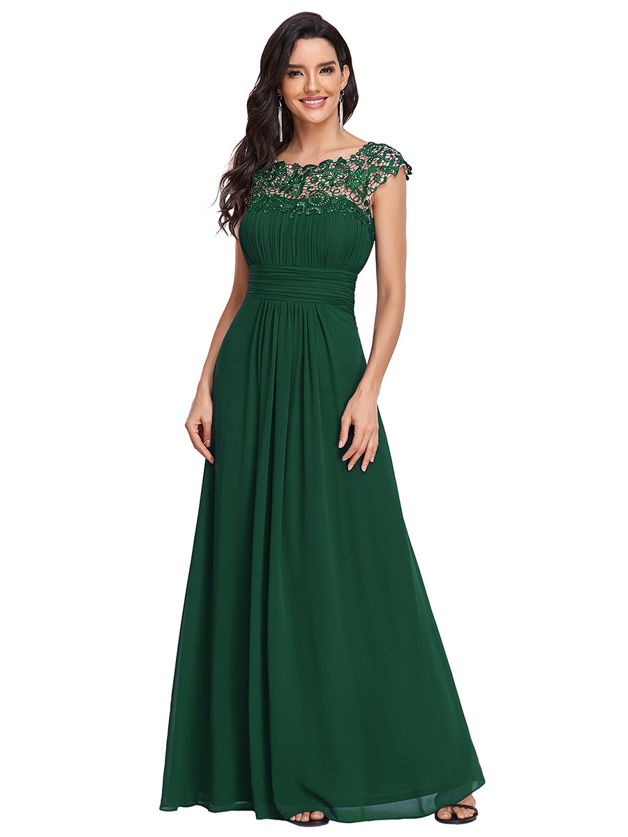 Color=Dark Green | Lacey Neckline Open Back Ruched Bust Wholesale Evening Dresses-Dark Green 2
