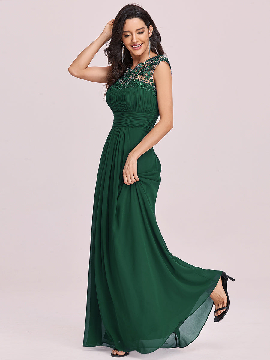 Color=Dark Green | Lacey Neckline Open Back Ruched Bust Wholesale Evening Dresses-Dark Green 5