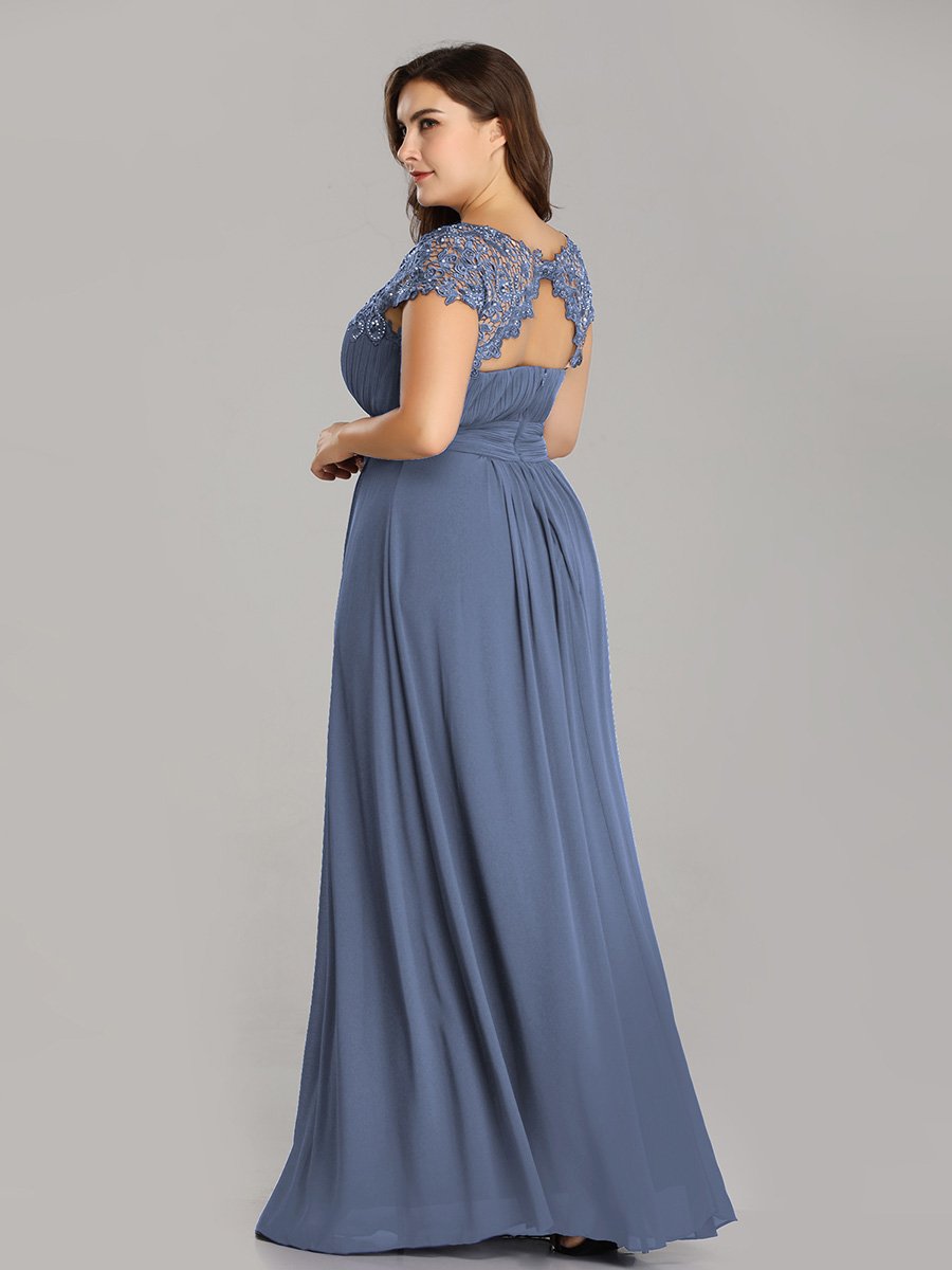 Color=Dusty Navy | Lacey Neckline Open Back Ruched Bust Plus Size Evening Dresses-Dusty Navy 2
