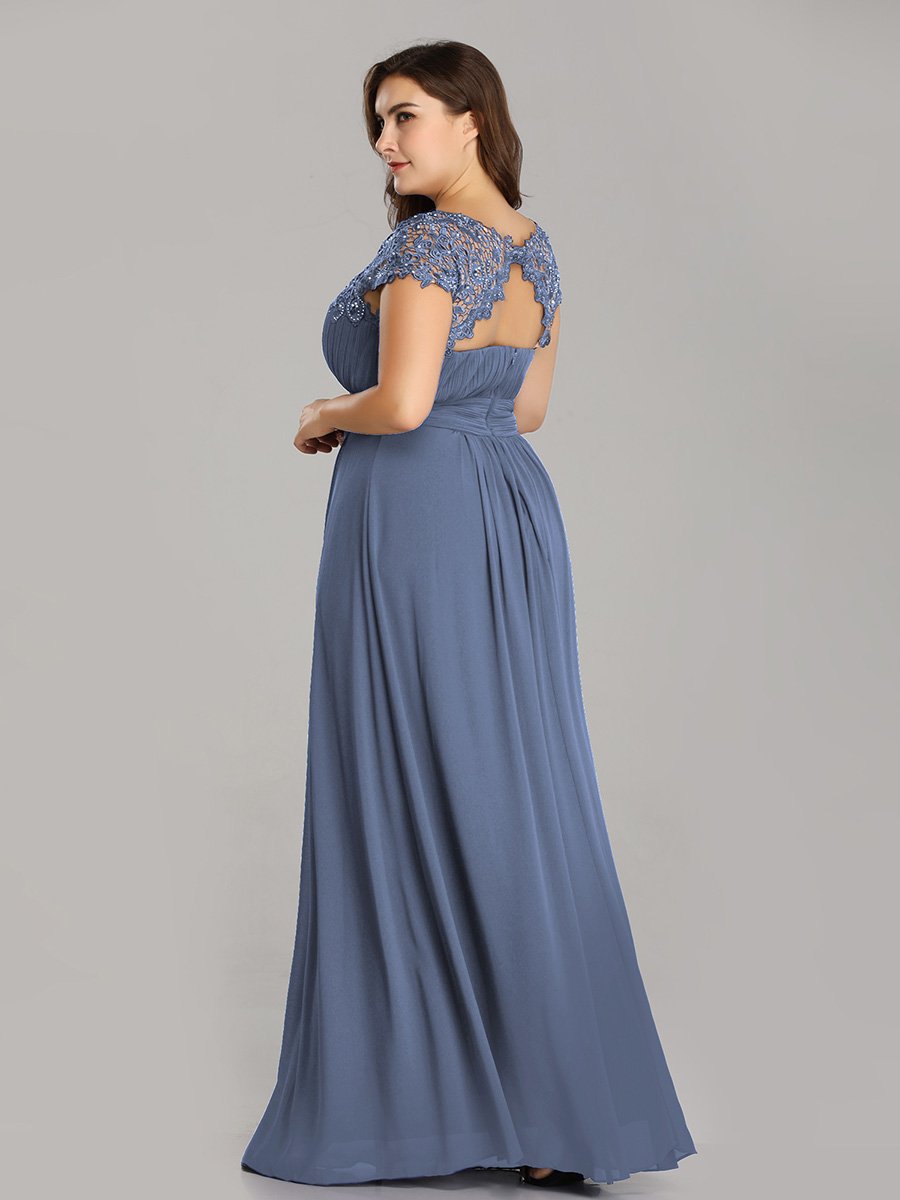 Color=Dusty Blue | Lacey Neckline Open Back Ruched Bust Plus Size Evening Dresses-Dusty Blue 2