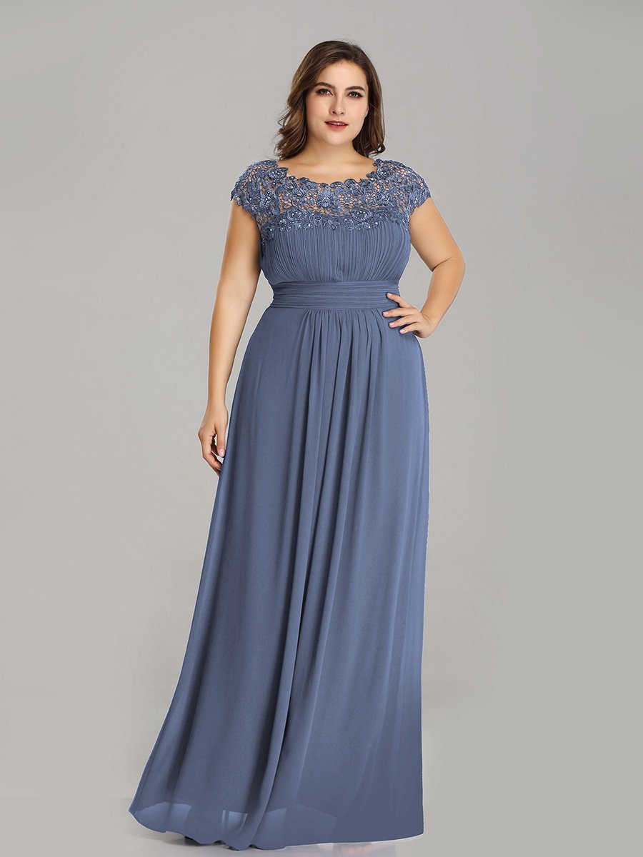 Color=Dusty Blue | Lacey Neckline Open Back Ruched Bust Plus Size Evening Dresses-Dusty Blue 4
